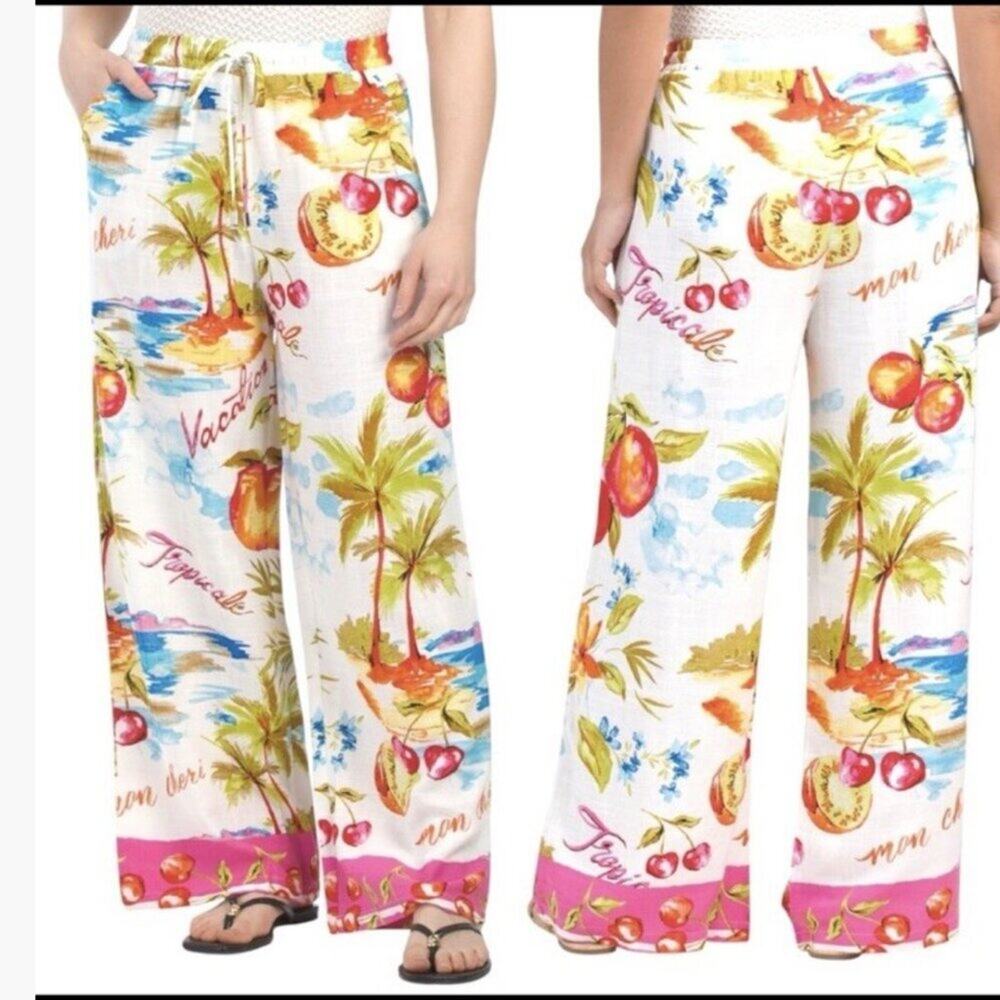 NWT Label of Love Tropical Vacation Elastic Waist Linen Blend Wide Leg Pants XL